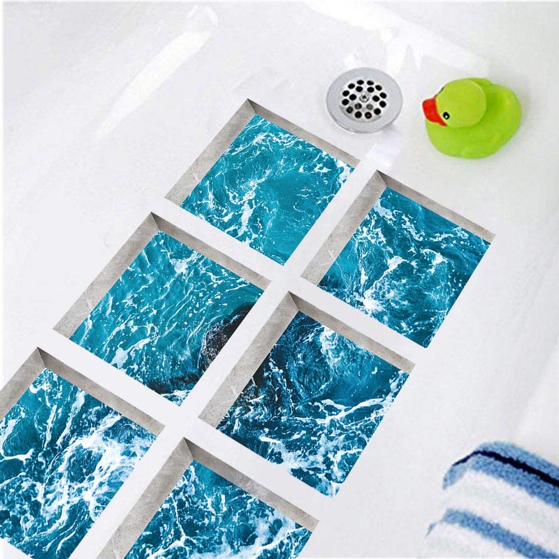 ChezMax Bath Treads Stickers Sea Bubble Pattern Square 3D Adhesive Anti Slip Tub Tattoos Safety Decals Mat Waterproof Shower Tub Sticker Bathtub Appliques for Bath Pools Home Decor 6 Pcs 5.9"" X 5.9"" - Image 1